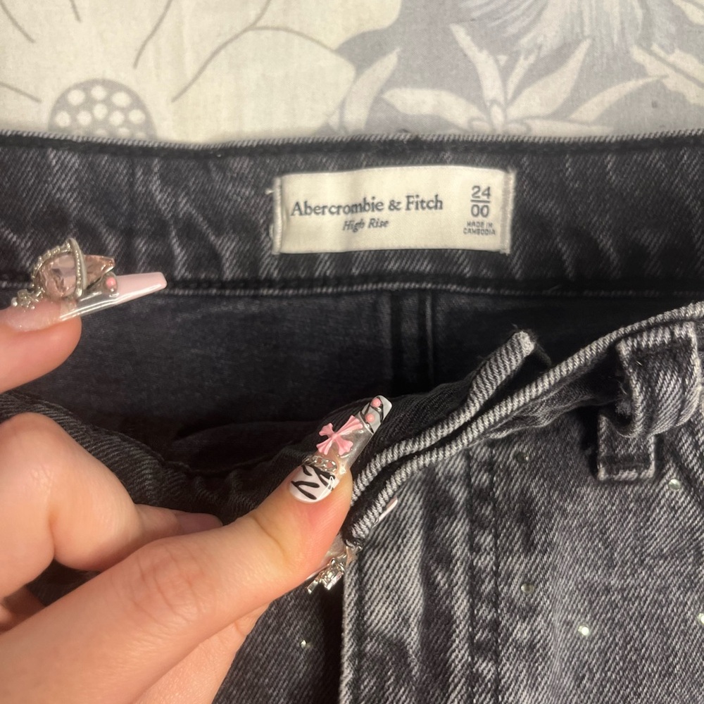 Abercrombie & Fitch High Rise Denim Mini Skirt Black Rhinestone Size 24 Y2K - Picture 7 of 16